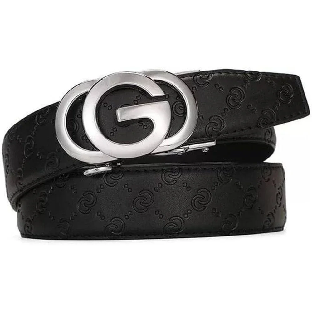 Men's Ratchet Designer Black Leather Belts with Automatic Silver G Letter Buckle